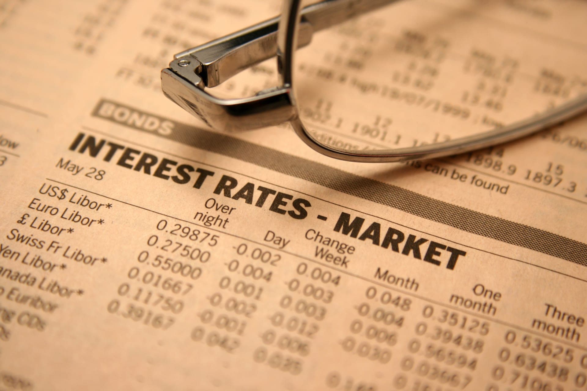 Financial newspaper showing bonds and interest rates data