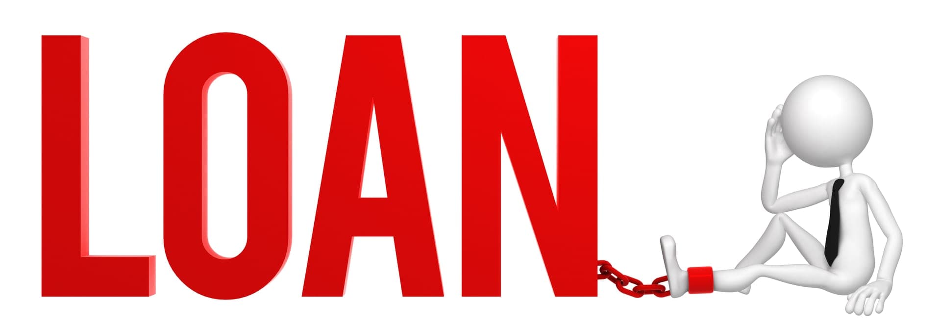 Businessman chained to loan sign representing debt trap